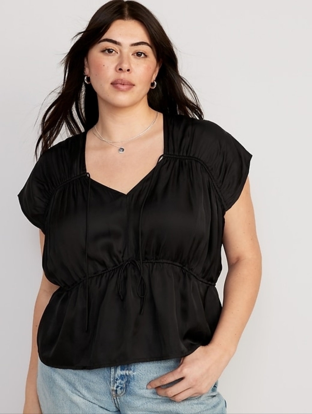Old Navy Women's Black Wasit Defined Satin Shirred Tie Front Blouse Size Large - Picture 2 of 7